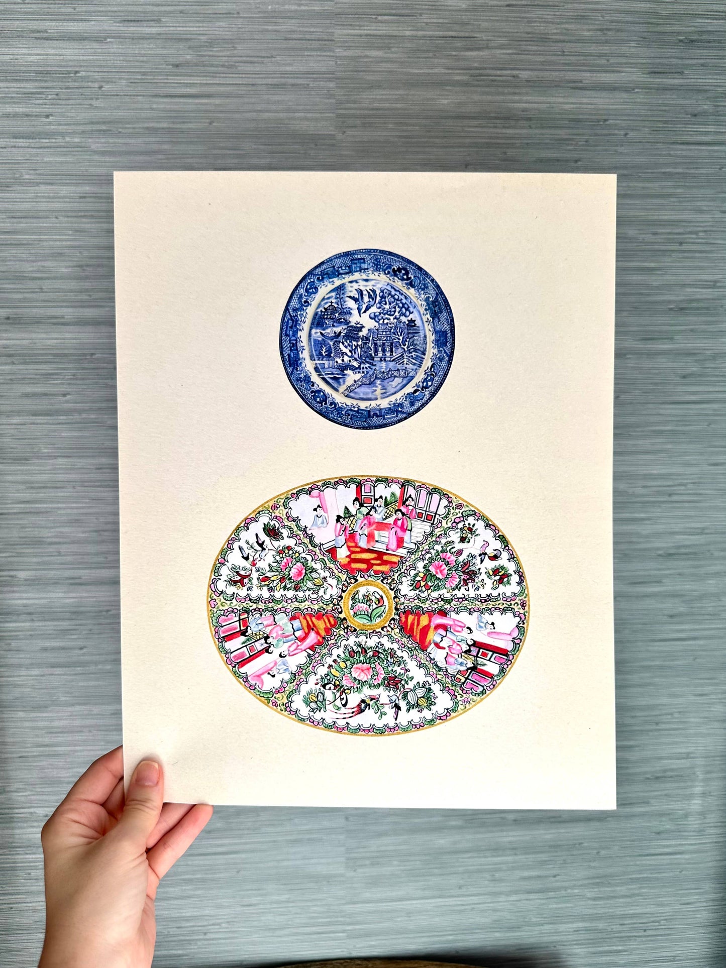 Blue Willow Rose Medallion Watercolor Art Prints: 11x14"