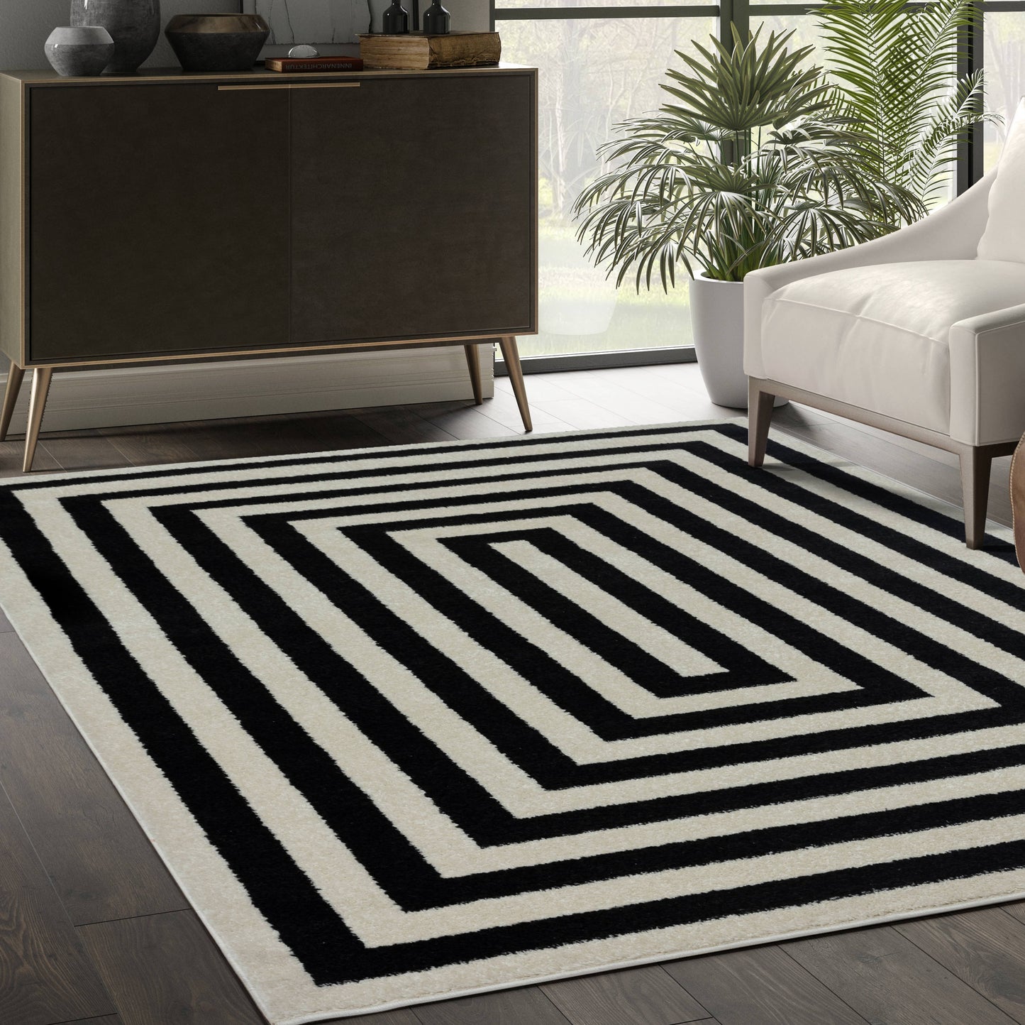 Abani Casa CAS120A -  Contemporary Black & Ivory Rectangular: 8'11" x 12'