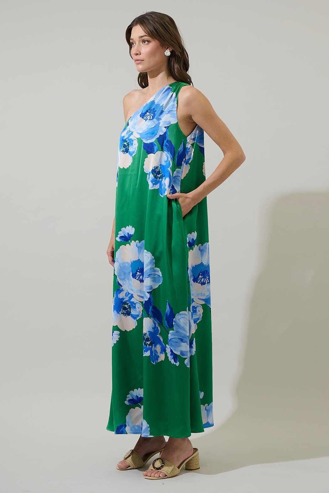 Green & Blue Floral Silk Maxi Dress