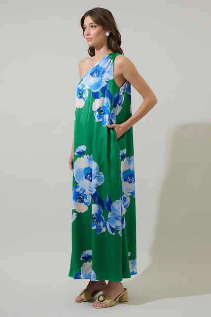 Green & Blue Floral Silk Maxi Dress