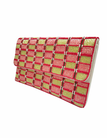 PINK & GREEN WEAVE BEADED CLUTCH