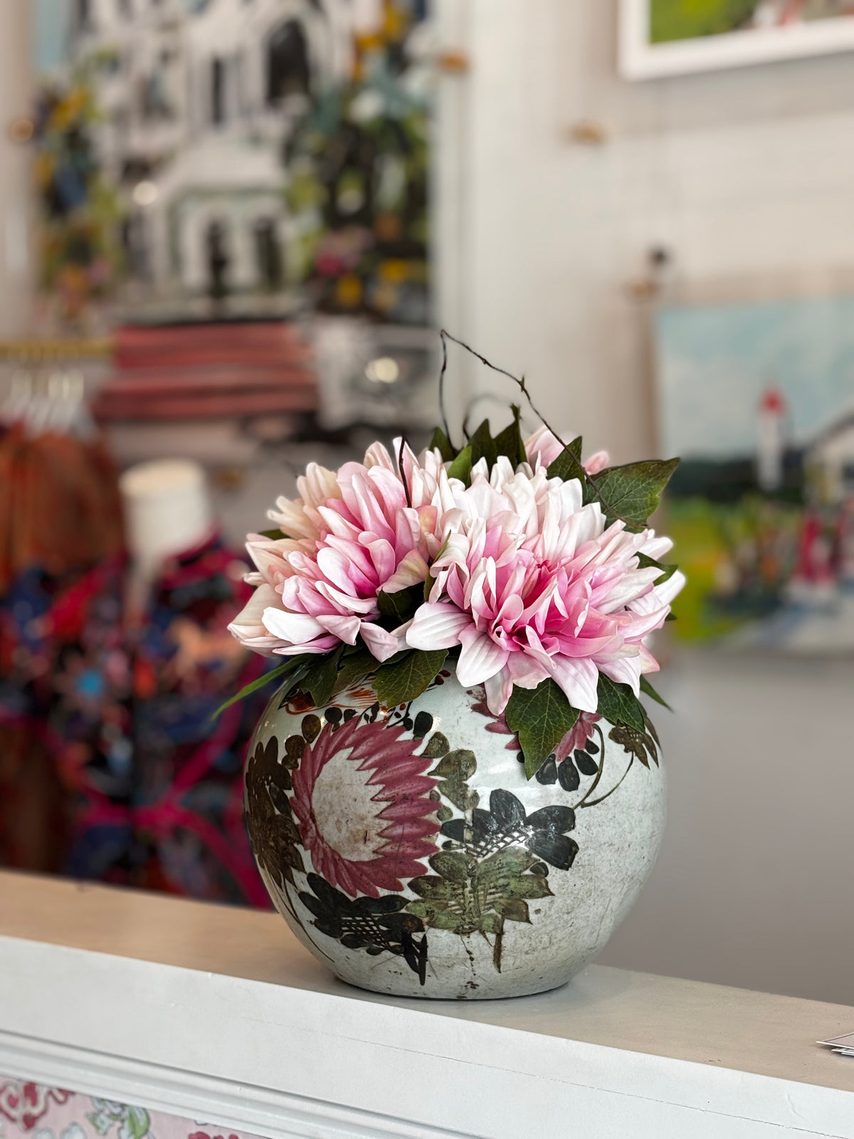 Pink Dahlias in Family Rose Jar