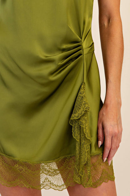 Olive High Neck Lace Mini Dress