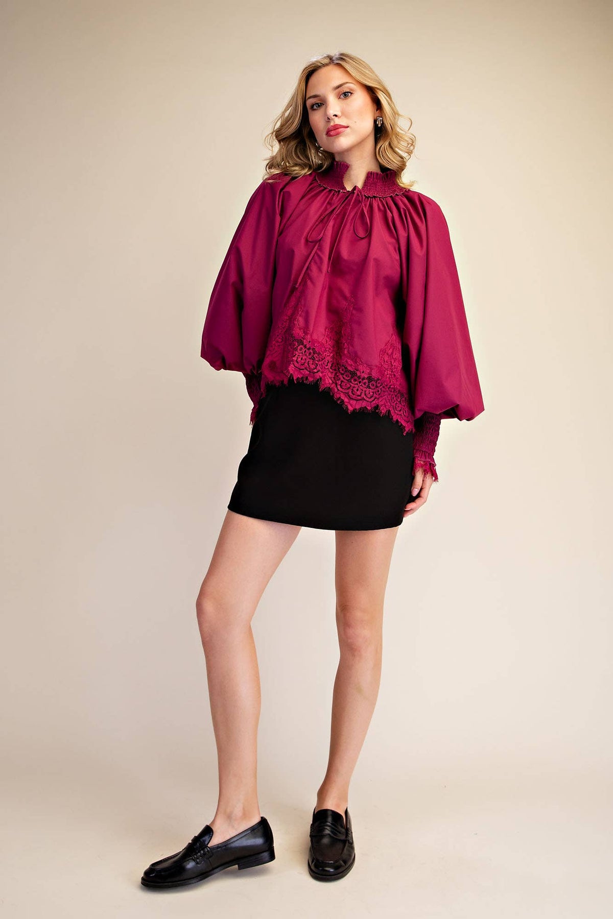 Plum Lace Puff-Sleeve Blouse