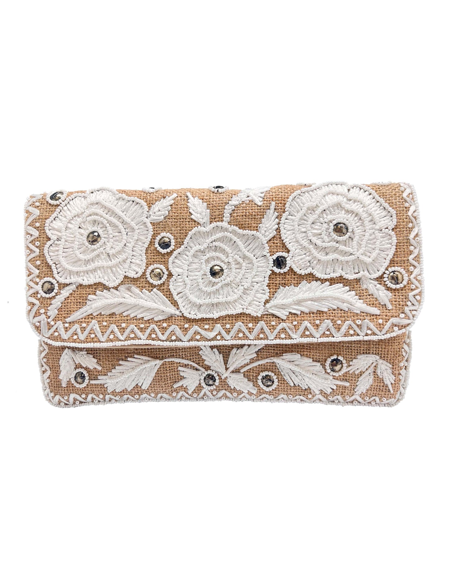 WHITE FLORAL BEADED CLUTCH
