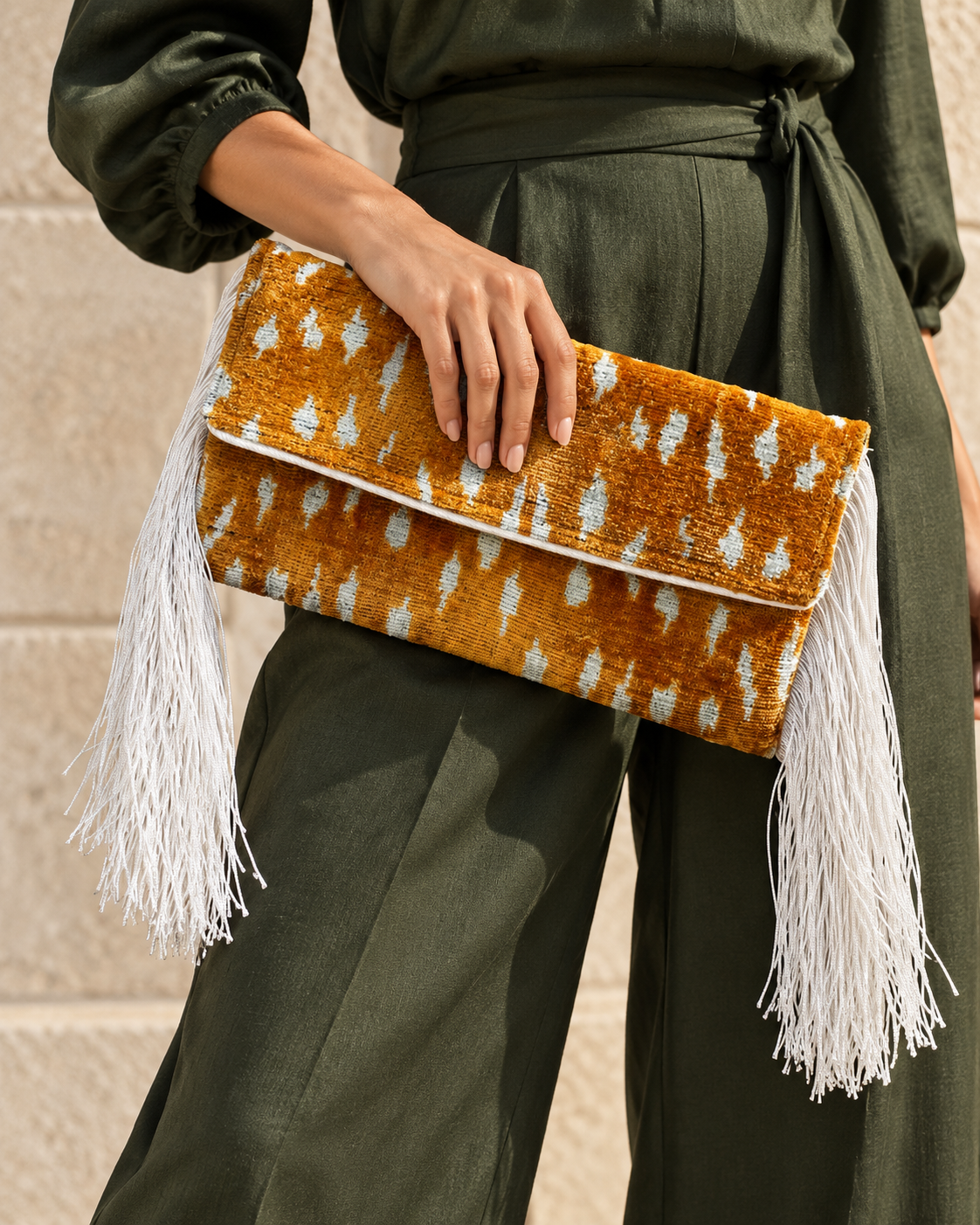 Orange Ikat Fringe Clutch