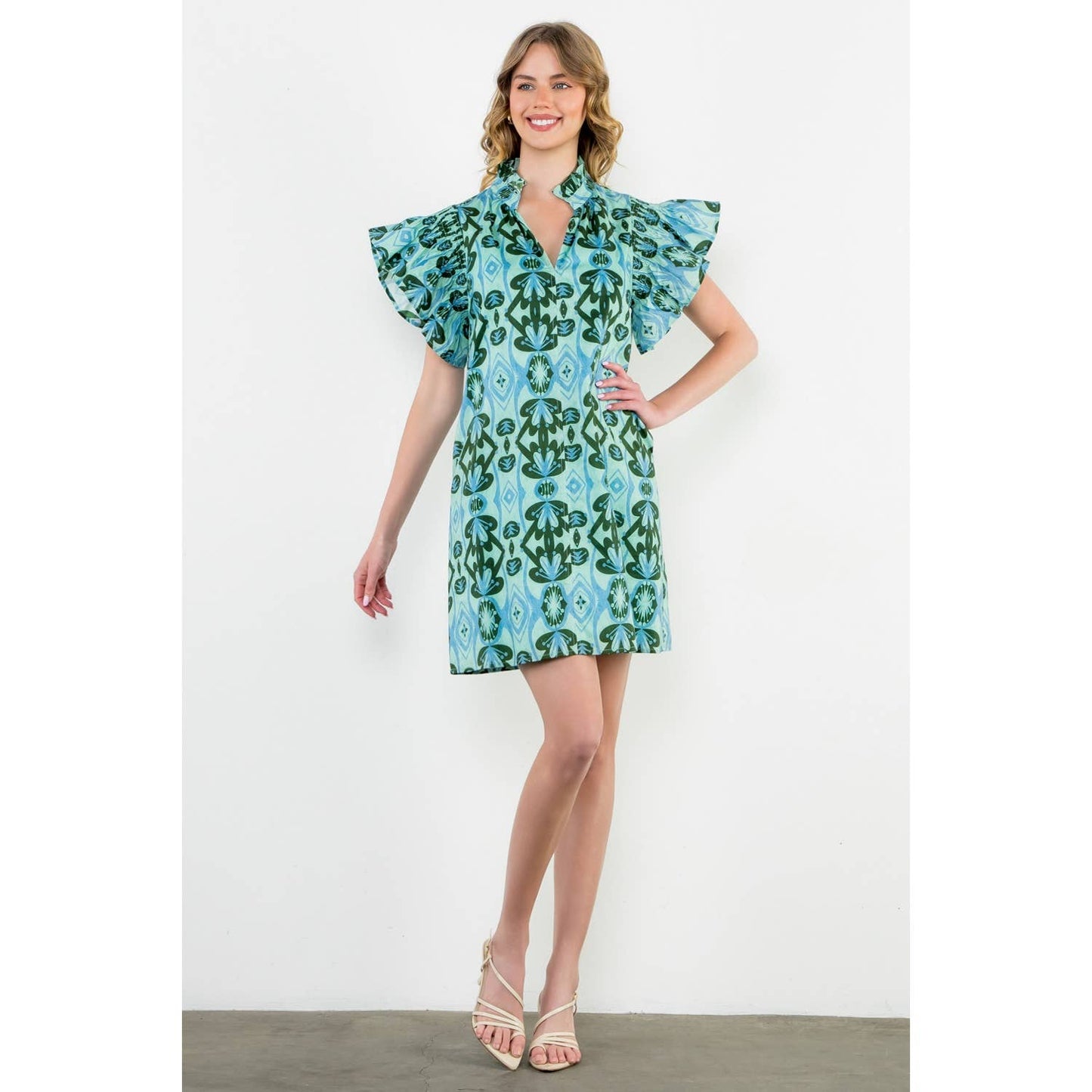 Mint Ruffle Sleeve Print Dress