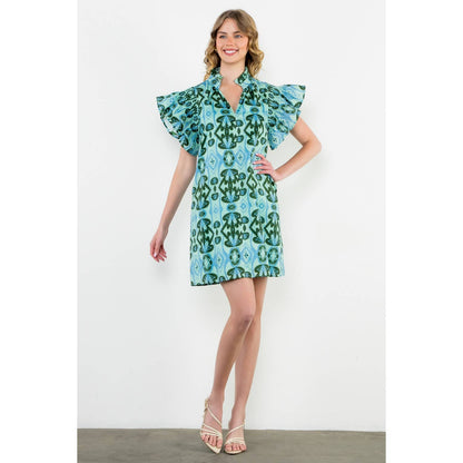 Mint Ruffle Sleeve Print Dress