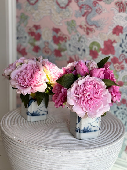 Pink Peony's In Small Blue & White Jar