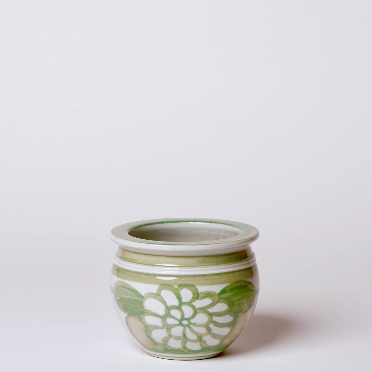 Hand Painted Floral Green and White Porcelain Small Pot