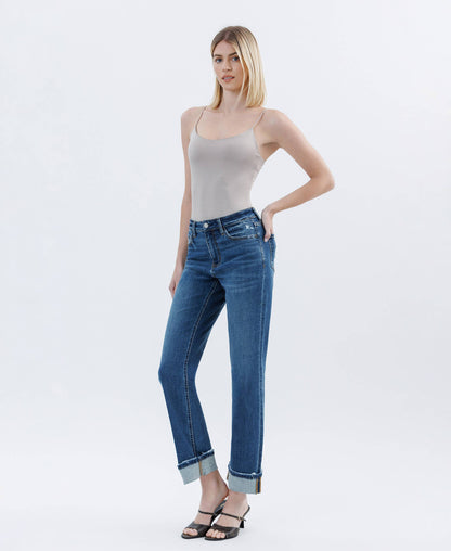 DARK WASH CUFFED STRAIGHT JEANS