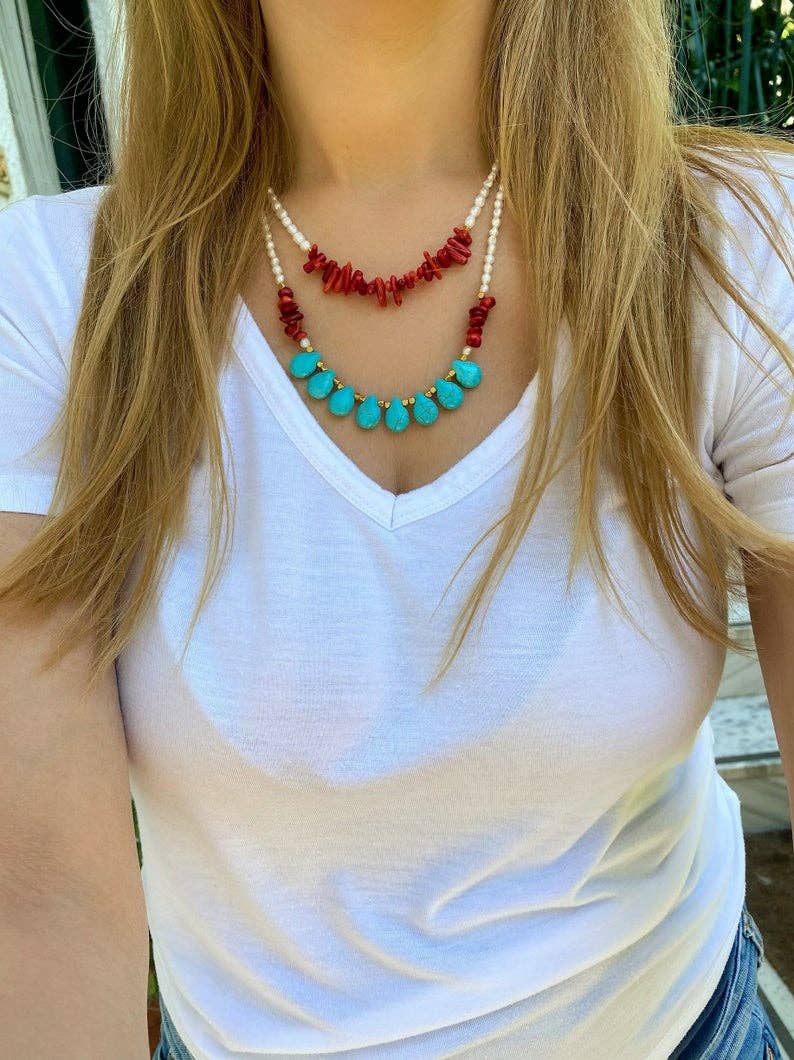 Turquoise, Red Coral & Pearl Necklace