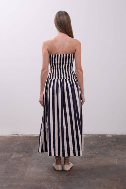 NAVY STRIPED STRAPLESS DRESS