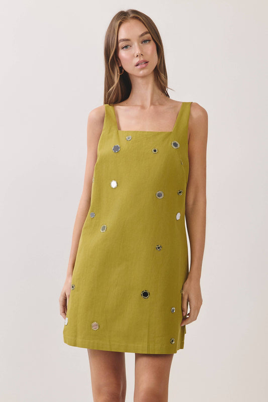 Olive Mirror Embellished Mini Dress