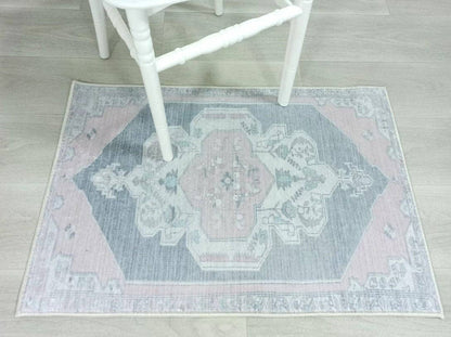 Turkish Rug, Gray Light Pink Ivory Vintage Oushak Geometric Area Rugs