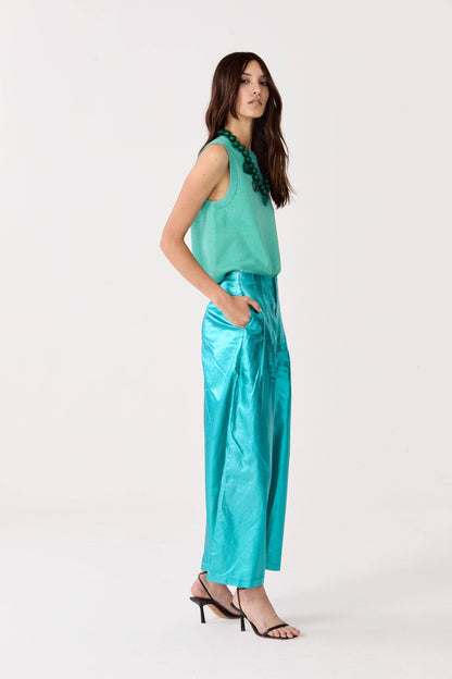 Turquoise Metallic Linen Pants