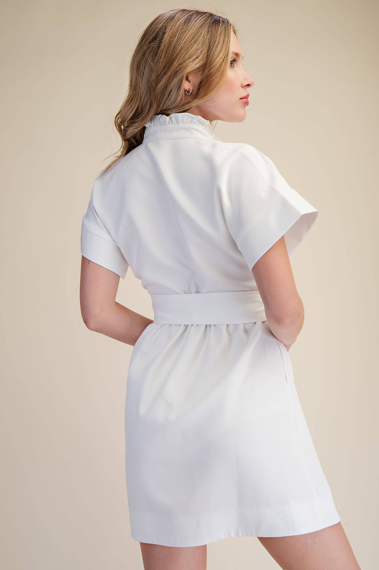 White Ruffle Neck Mini Dress