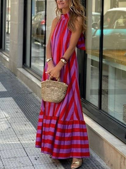Pink & Red Striped Halter Dress