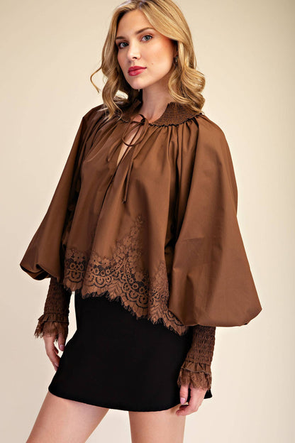Plum Lace Puff-Sleeve Blouse