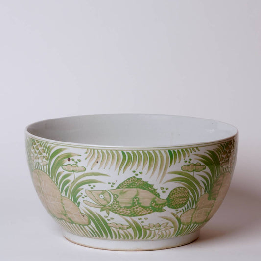Large Green & White Lotus Bowl