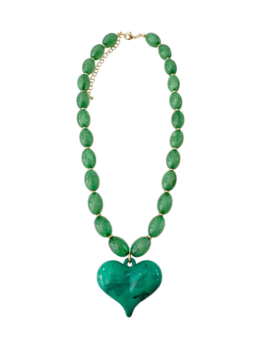 Green Beaded Heart Charm Necklace