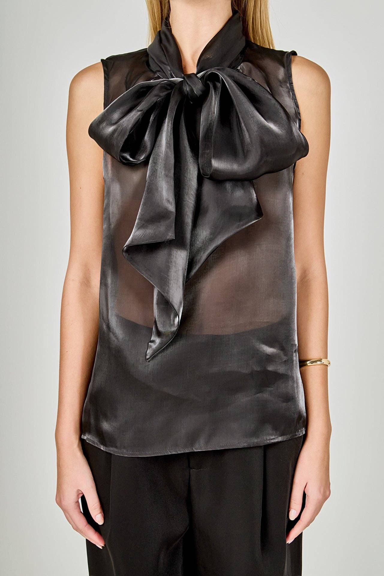 Black Organza Sleeveless Bow Top