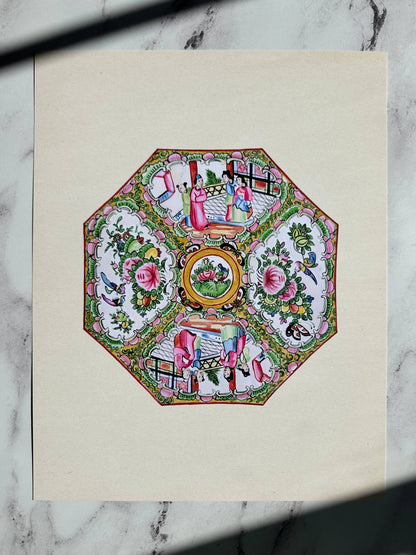 Framed Rose Medallion Plate Chinoiserie Print - 8x10
