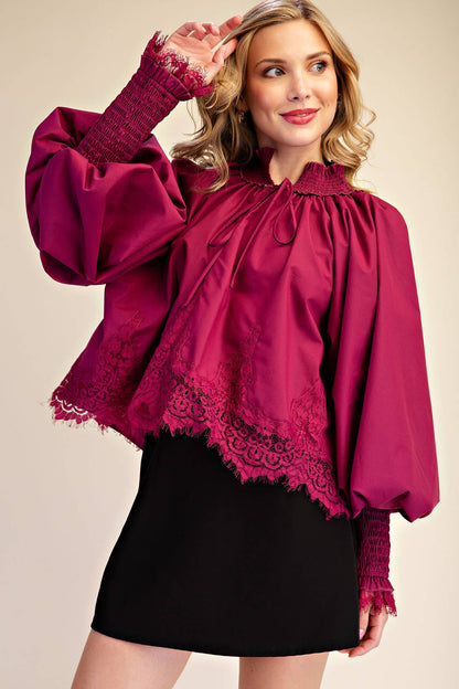 Plum Lace Puff-Sleeve Blouse