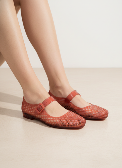 LISA Woven Jelly Mary Jane Flats Tapered Square Toe Trend Sh: CAMEL / B18