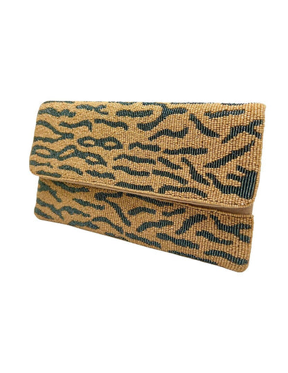 ZEBRA ANIMAL PRINT GOLD HANDMADE BEADED CLUTCH WITH CHAIN ST