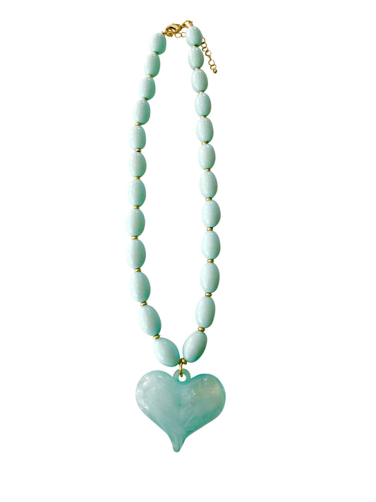 Light Blue Beaded Necklace with Heart Charm