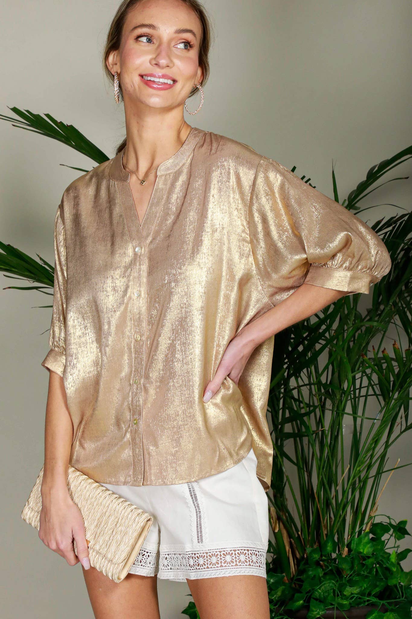 Metallic Woven Top - Champagne