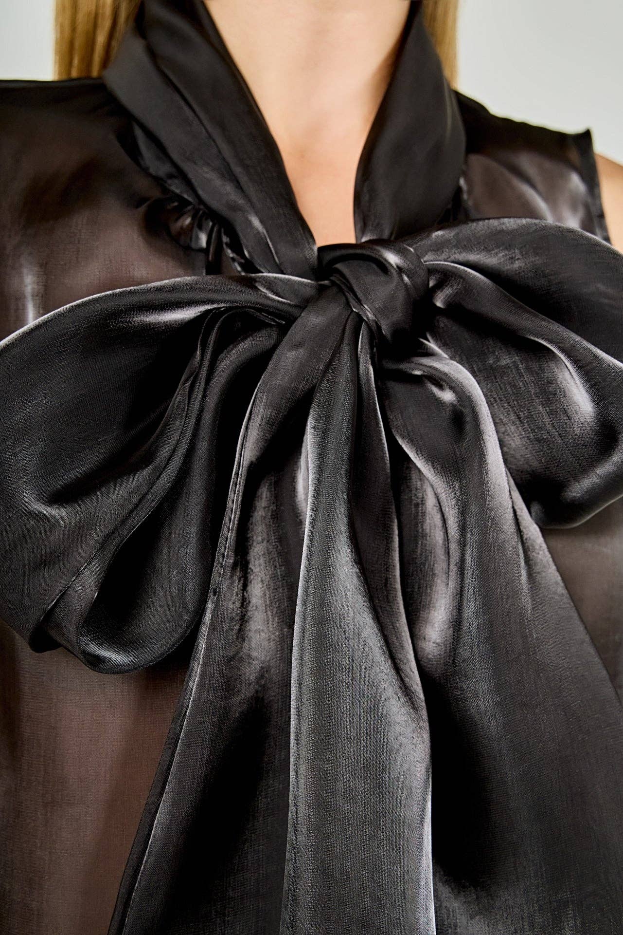 Black Organza Sleeveless Bow Top