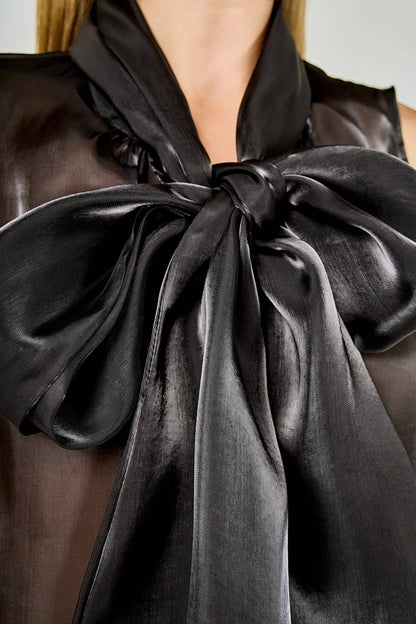 Black Organza Sleeveless Bow Top