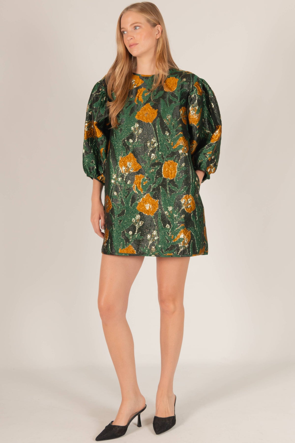 Green & Gold Jacquard Dress
