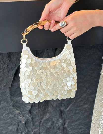 Trendy Shell Bamboo Handle Evening Handbag Bag MK2BLC6W10BBG316: Beige