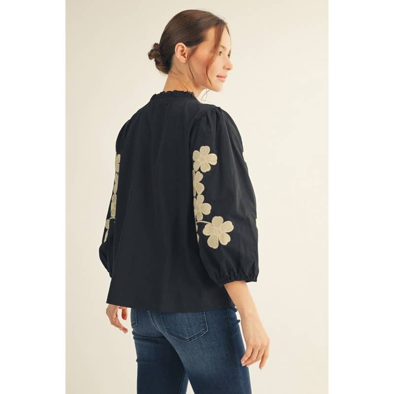 Black Top - Embroidered Flower