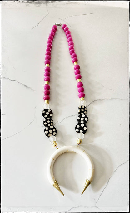 Hot Pink Wood & Bone Beaded Necklace