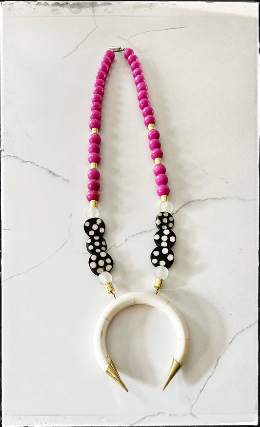 Hot Pink Wood & Bone Beaded Necklace