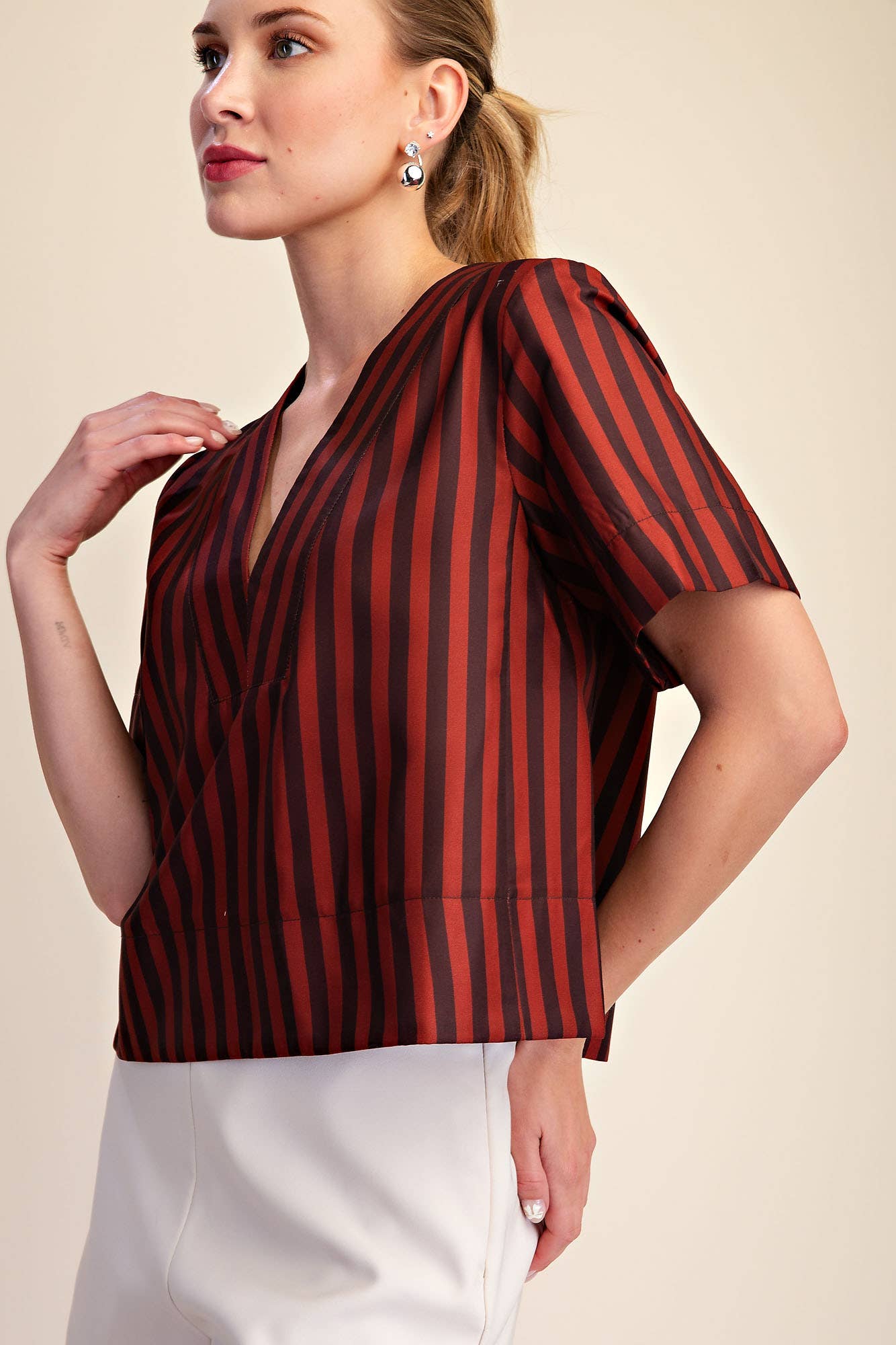 V-Neck Stripe Top - Green & Olive