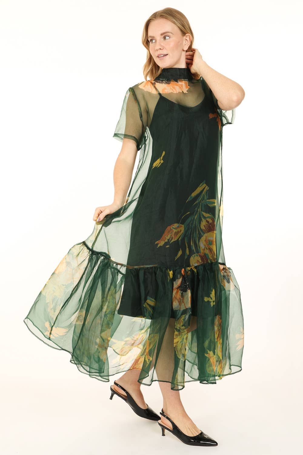 Green Floral Printed Sheer Maxi Dress