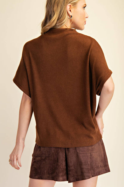 Mock Neck Short Sleeve Pullover Knit Top: Black / S