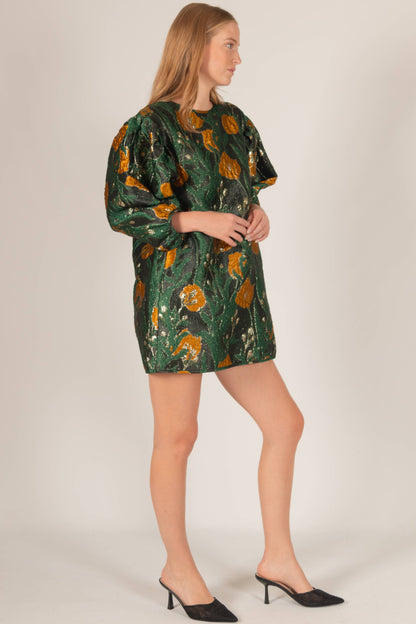 Green & Gold Jacquard Dress