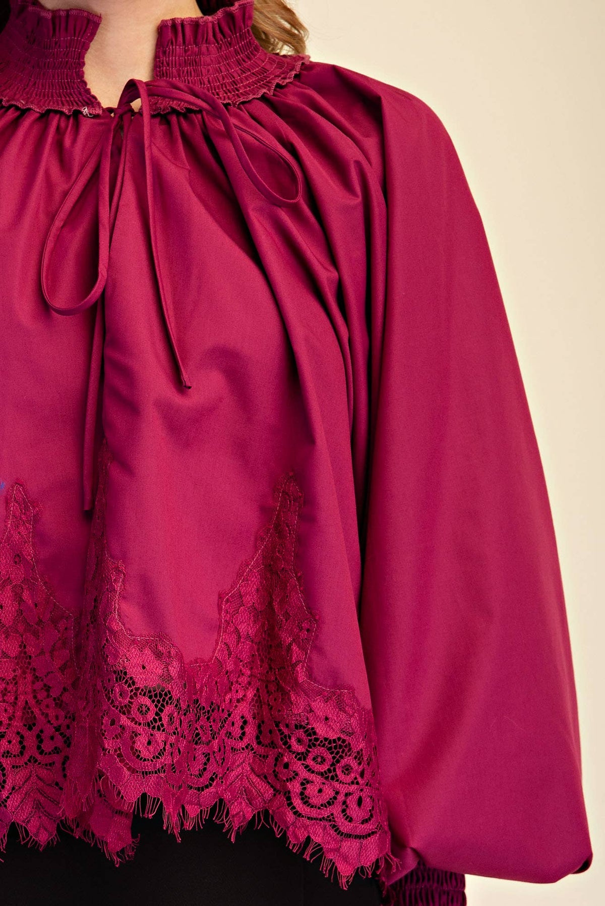 Plum Lace Puff-Sleeve Blouse
