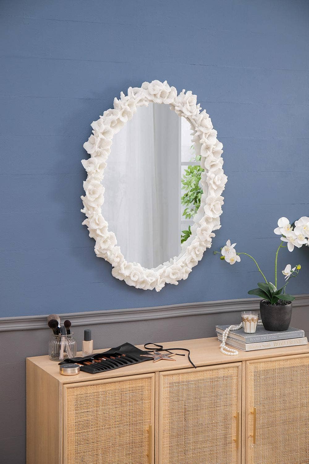 27.5x3x35.5" Faux Coral Frame Round Wall Mirror - White