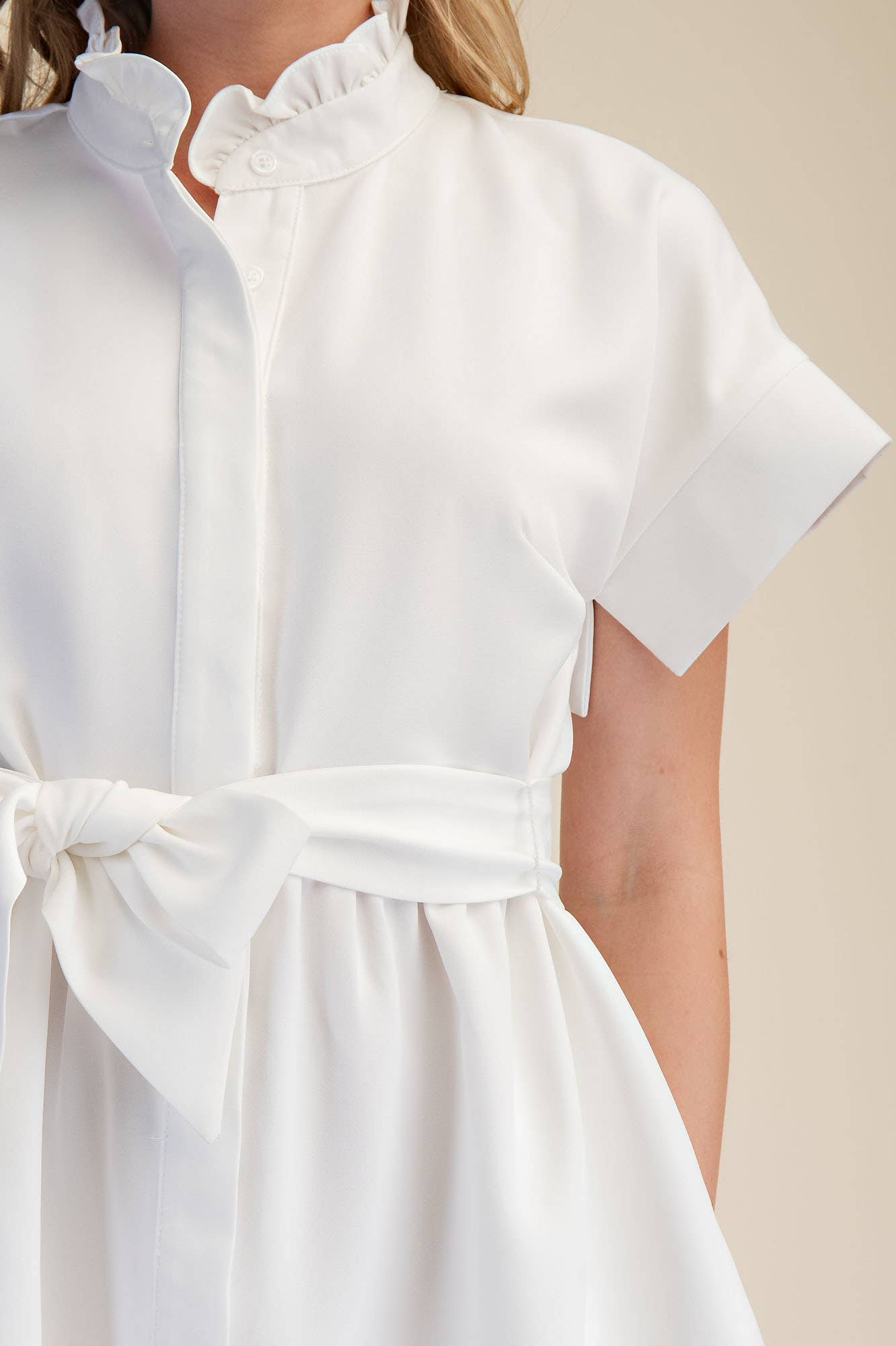 White Ruffle Neck Mini Dress