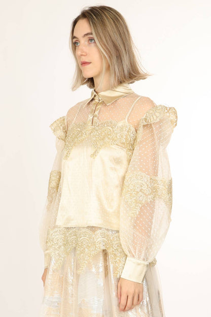 Gold Lace Trim  Chiffon Blouse