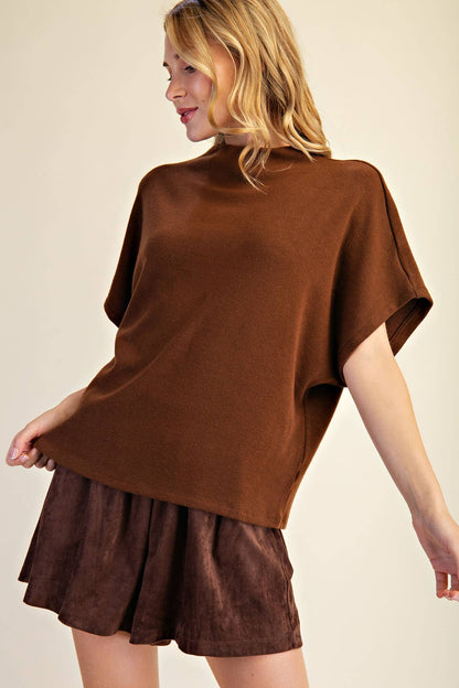 Mock Neck Short Sleeve Pullover Knit Top: Black / S