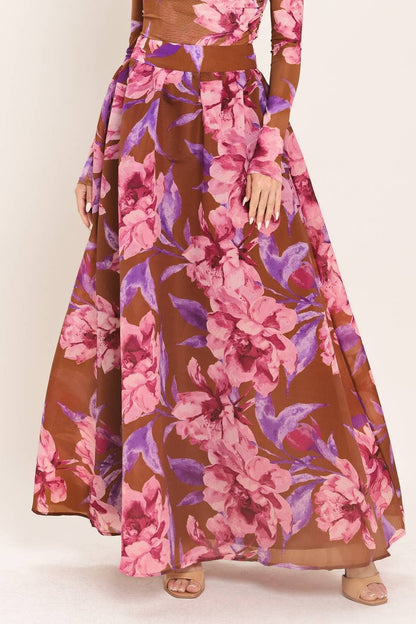 Pink & Brown Floral Skirt Set