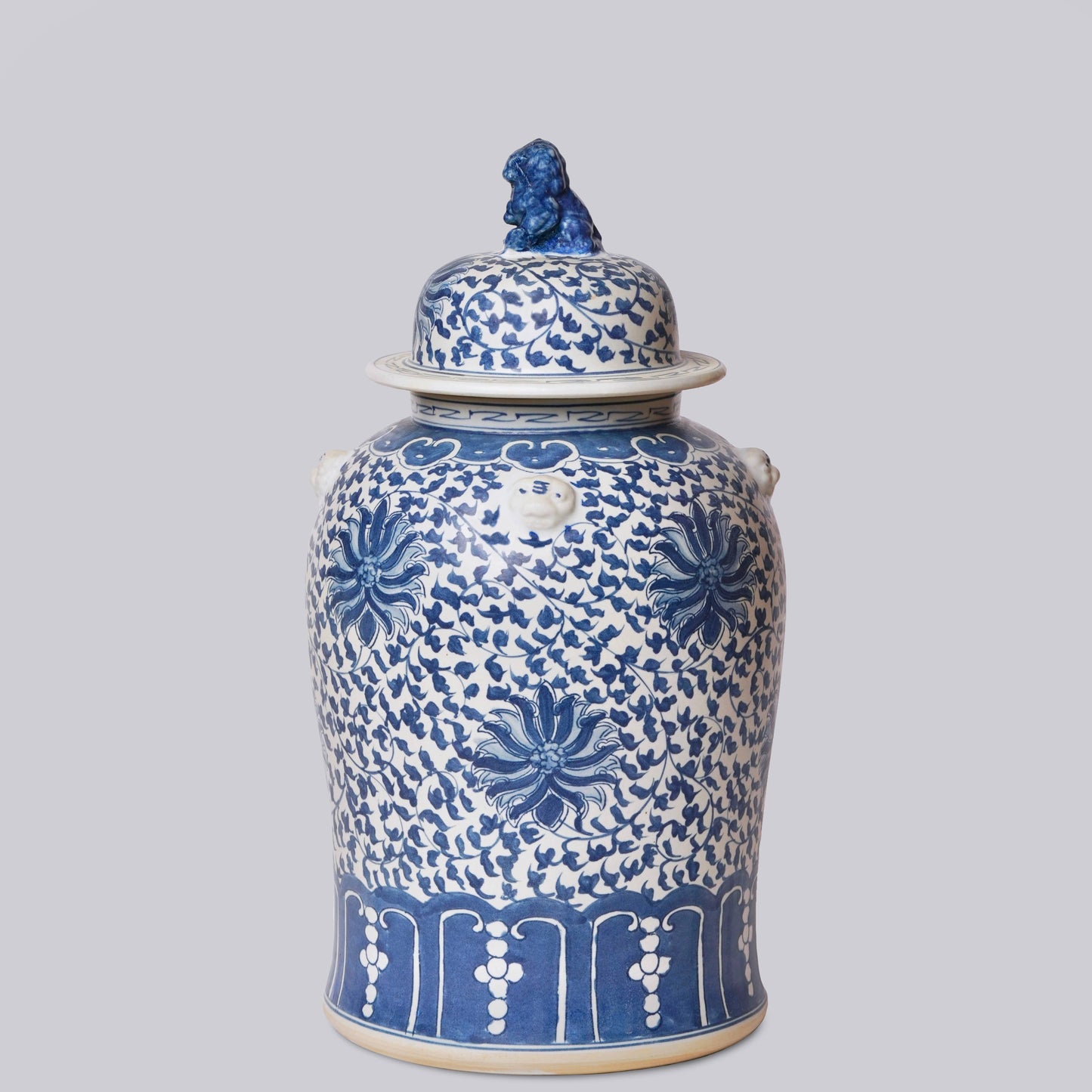 Blue and White Porcelain Scrolling Lotus Rondelle Temple Jar